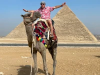 Andy on Pepsi the camel at the Pyramids